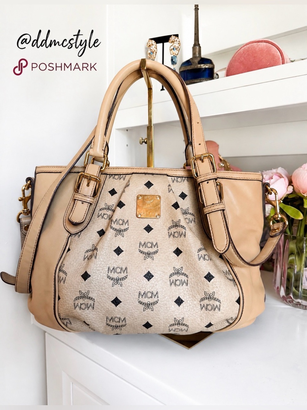 MCM EUC Beige Monogram Leather Satchel Bag
